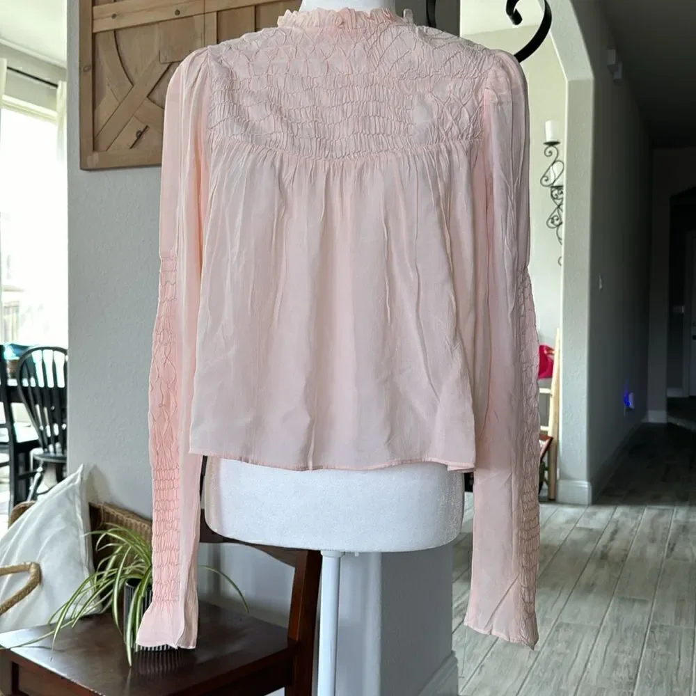 NWOT Free People Smocked In Time Top Ruffled High Neck Long Sleeves XS Feminine